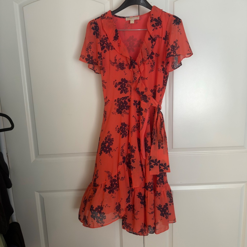 Michael Michael Kors Coral Floral Ruffle Wrap Dress Orange Navy Blue Medium